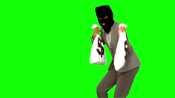 Ladrão segurando sacos de dinheiro na tela verde — Vídeo de Stock