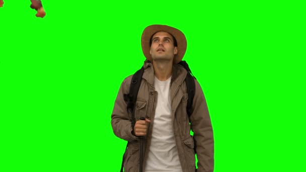 Man standing under leaves falling on green screen — Stock Video