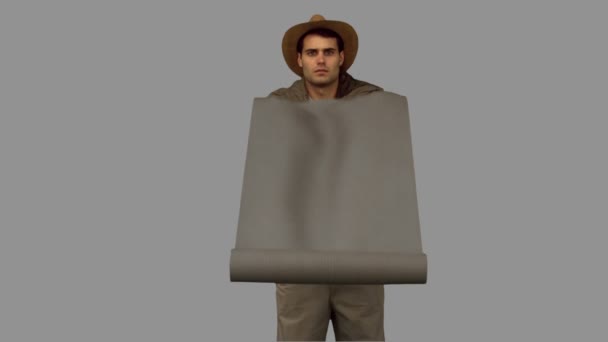 Mann rollt Schlafsack auf grauem Bildschirm aus — Stockvideo
