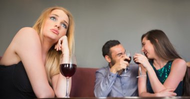 Blonde woman feeling jealous of two people are flirting beside her clipart