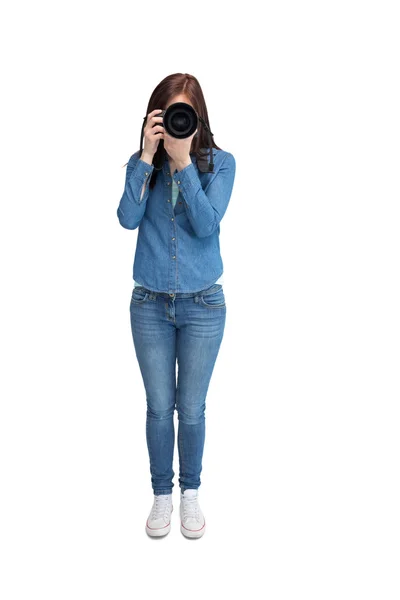 Pretty young photographer taking picture — Stock Photo, Image