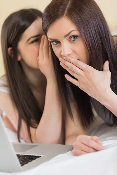 Young girl telling a secret to her friend in front of laptop — Stock Photo, Image