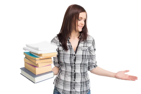 Estudante bonita alegre segurando pilha de livros — Fotografia de Stock