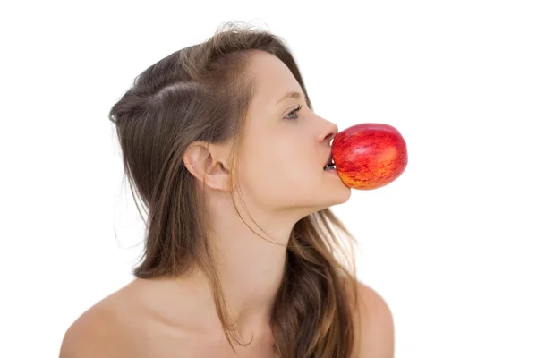 Calm brunette model holding an apple in her mouth — Stock Photo, Image