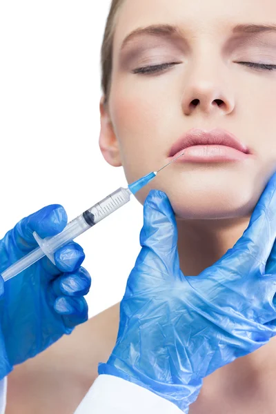 Content pretty model having botox injection on the lips — Stock Photo, Image