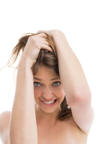 Bare natural woman biting her lips looking at camera — Stock Photo, Image