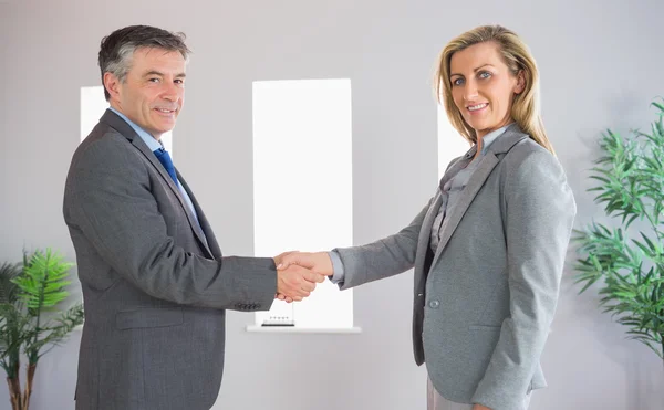 Cheerful businessman shaking the hand of a content businesswoman both looking at camera — Stock Photo, Image