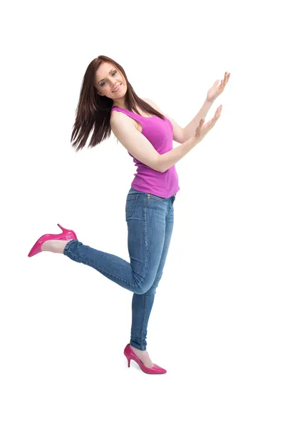 Cheerful stylish brunette wearing high shoes posing — Stock Photo, Image