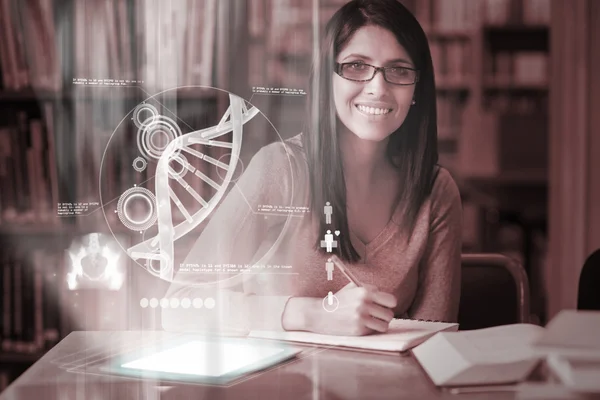 Cheerful mature student studying medicine on digital interface — Stock Photo, Image