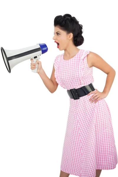 Angry black hair model shouting in a megaphone — Stock Photo, Image
