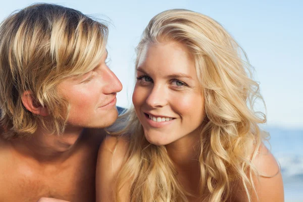 Close up view of couple lying while woman looking at camera — Stock Photo, Image