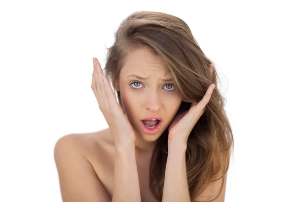 Irritated brunette model screaming looking at camera — Stock Photo, Image