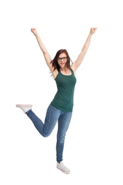 Happy young woman with glasses gesturing — Stock Photo, Image