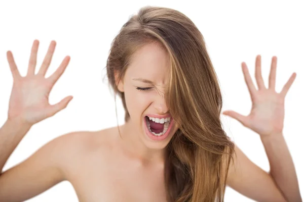 Yelling brunette model raising her hands — Stock Photo, Image