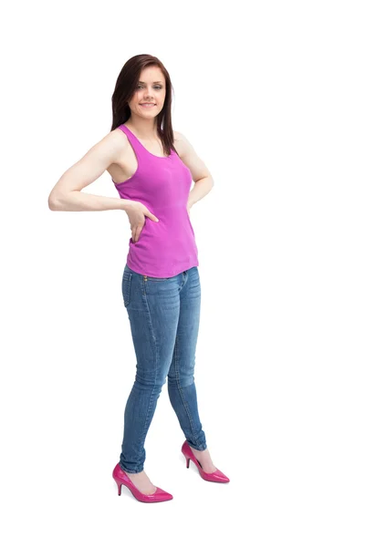 Happy stylish brunette wearing high shoes posing — Stock Photo, Image