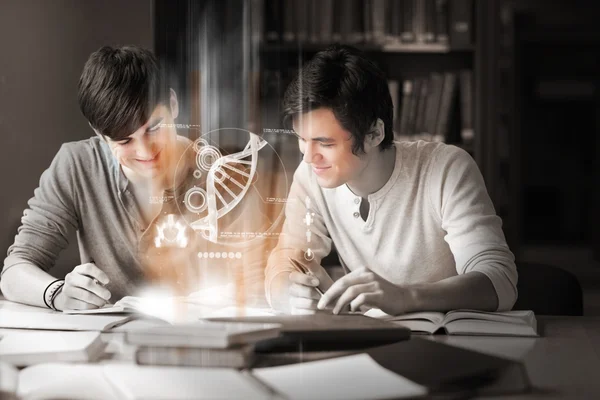 Students using futuristic interface to learn about science from digital tablet — Stock Photo, Image