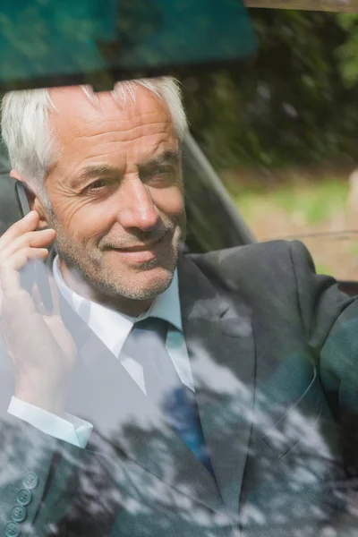 Vrolijke zakenman aan de telefoon rijden — Stockfoto