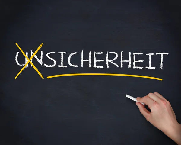 Hand streicht das deutsche Wort unsicherheit heraus — Stockfoto