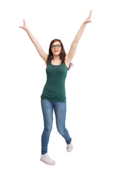 Glad ung kvinna med glasögon gester — Stockfoto