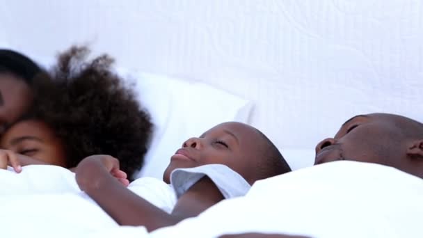 Familie op een bed te slapen — Stockvideo