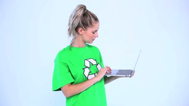 Troubled environmental activist using a laptop — Stock Video