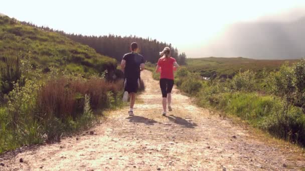 Ajuste pareja corriendo en el campo lejos de la cámara — Vídeos de Stock