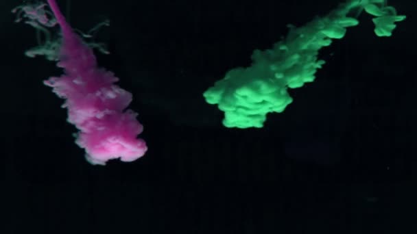 Groene en paarse verf te laten vallen in water op zwarte achtergrond — Stockvideo