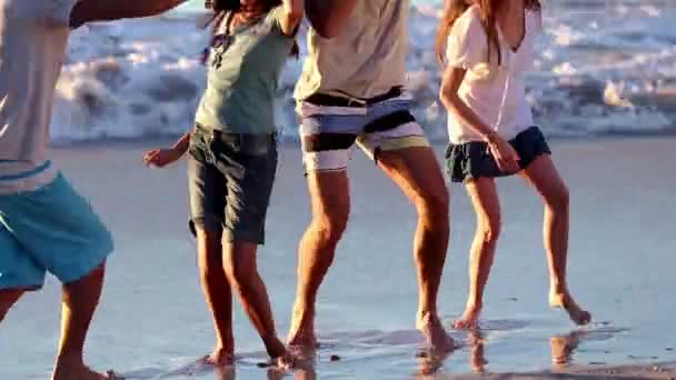 Vrolijke groep vrienden dansen op het strand — Stockvideo