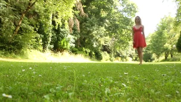 Hermosa adolescente caminando sobre la hierba en un día soleado — Vídeo de stock