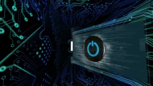 Telas 3D mostrando cenas de computação com botão de energia — Vídeo de Stock