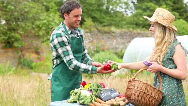 Pretty blonde buying peppers from smiling gardener — Stock Video