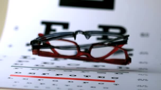 Two pairs of glasses falling onto eye test — Stock Video