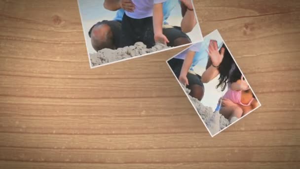 Instant photos falling and showing a family on the beach — Stock Video