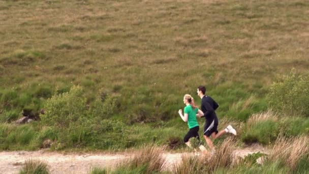 Atletische paar joggen op het platteland samen — Stockvideo