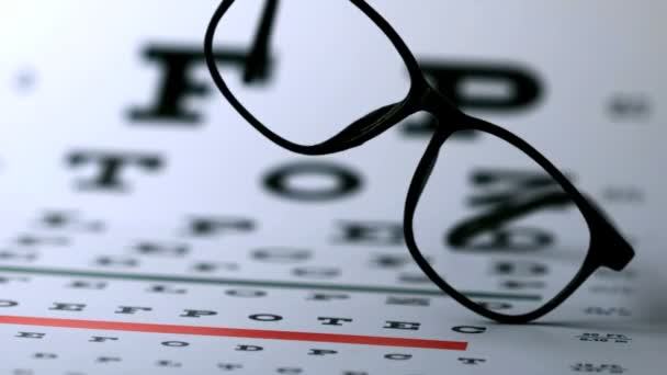 Hipster glasses falling onto eye test — Stock Video