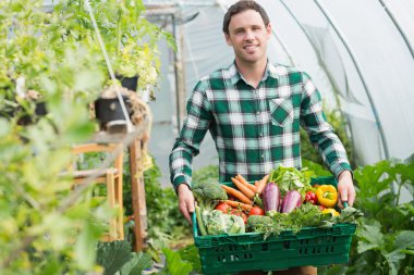Proud man presenting vegetables in a basket clipart