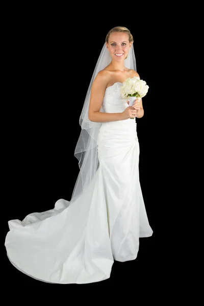 Jovem noiva loira alegre posando segurando um buquê — Fotografia de Stock