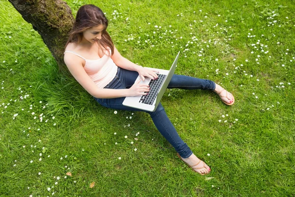아름 다운 갈색 머리 여 자가 그녀의 노트북을 사용 하 여 나무에 기대어 — 스톡 사진