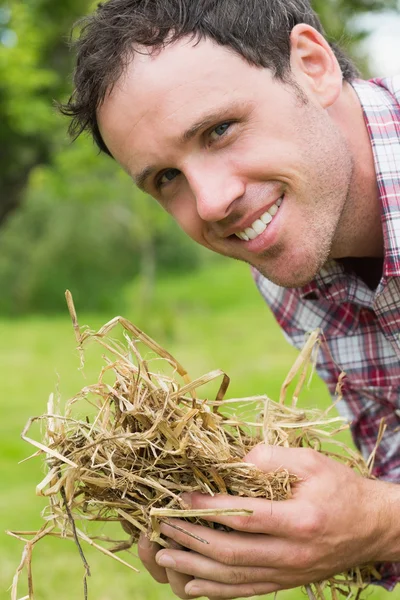 Handsome man smelling yellow straw — Stock Photo, Image