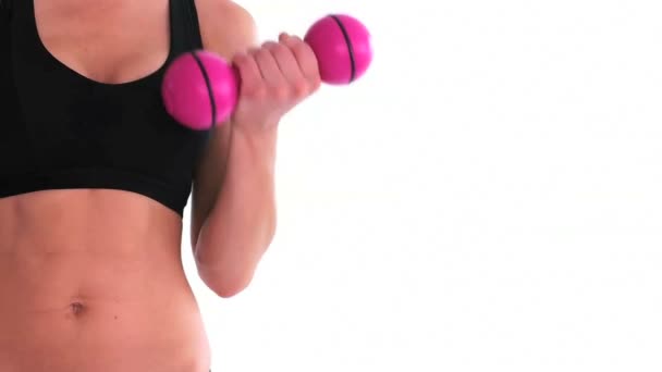 Dumbbell ile eğitim ve duran kadın uygun — Stok video