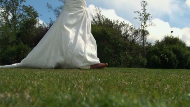 Bride in wedding dress walking on grass — Stock Video