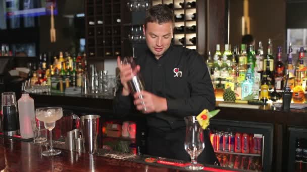 Schöner Barkeeper macht Cocktail — Stockvideo