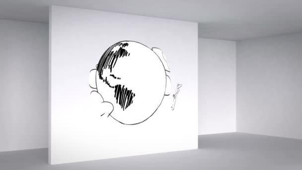 Colored animation showing 3d room and planes circling earth — Stock Video