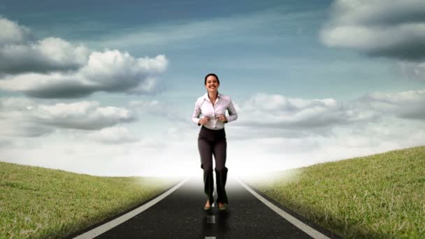 Happy businesswoman jumping in front of flying sheets — Stock Video