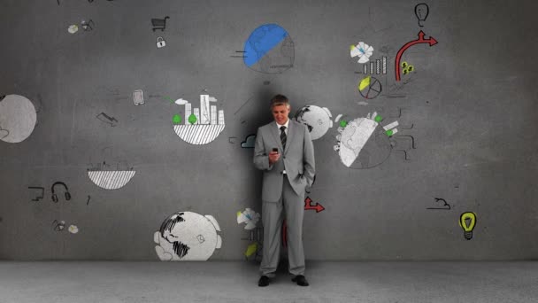 Businessman standing in front of animated business flowcharts — Stock Video