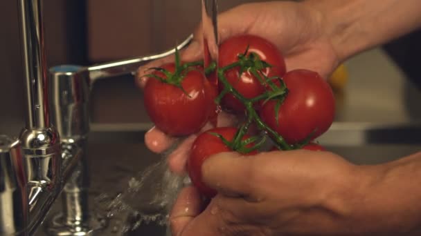 Manos lavando tomates bajo grifo de agua — Vídeos de Stock