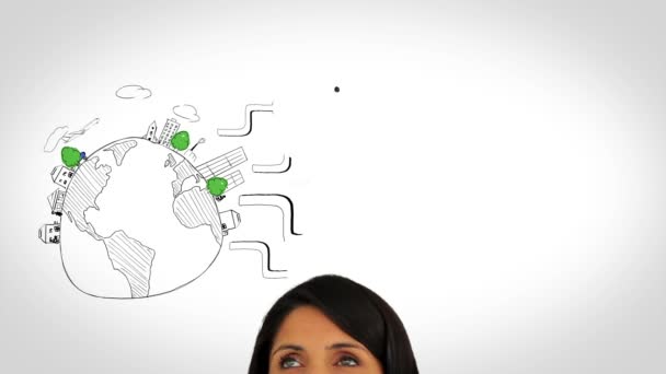 Colored animation showing global consumer behavior and woman watching — Stock Video