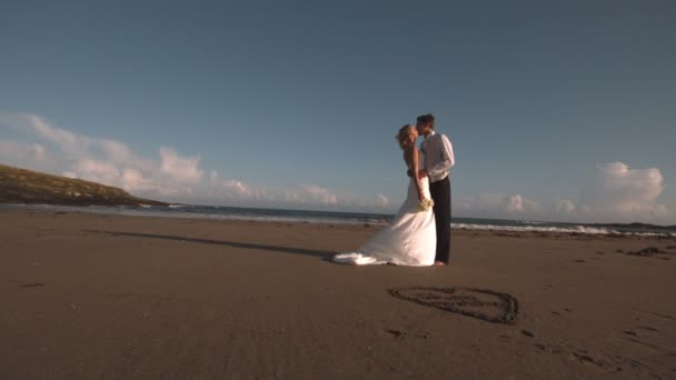 有吸引力的新婚夫妇，在沙滩上接吻 — 图库视频影像
