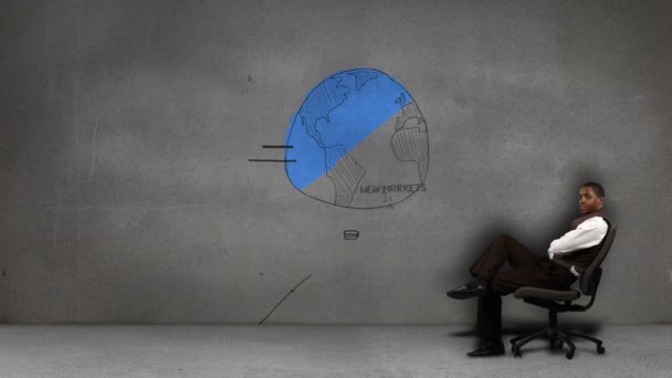 Animasyonlu renkli iş planı önünde oturan işadamı — Stok video