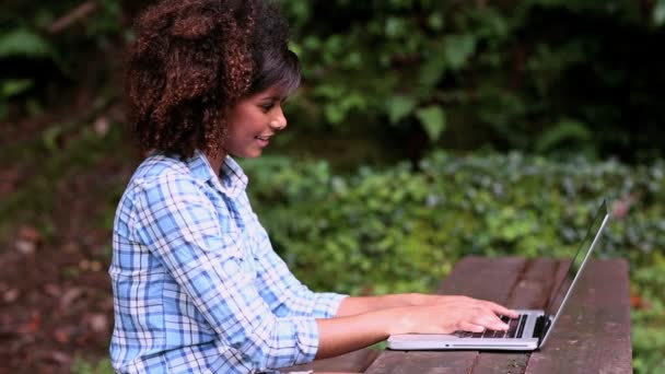 Prachtige inhoud brunette zittend op de picknicktafel met behulp van laptop — Stockvideo